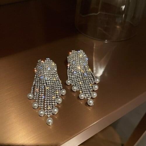 Bling Bling Rhinestones Tassel Dangle Earrings for Women Delicate Simulated Pearls Chains Love Heart Dangle Earrings Pendientes