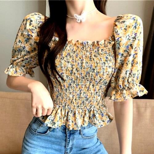 Hot Sale Fashion Women Floral Print Short Sleeve Square Neck Off Shoulder Ruffled Blouse Crop Top Tank Top Blouse Shirt