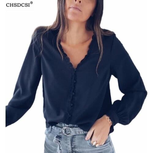 CHSDCSI Women Shirt Blouse Casual Solid Long Sleeve Summer V Neck Pullovers Tops Blusa Streetwear Office Polyester