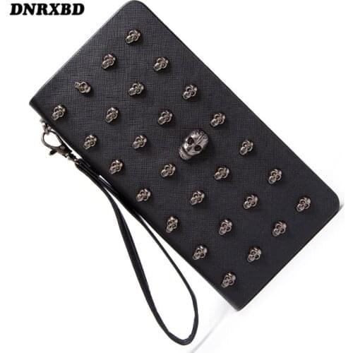 Women Wallets Black Fashion skull Phone Wallet Lady chain Wristlet Handbags Long Money Bag Coin Purse Cards ID Holder Clutch bag