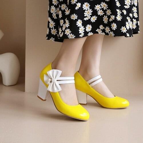 US4-14 Womens Round Toe Lace Japanese Mary Janes Bowknot Lolita Pumps Chunky Heel Shoes Sweet Plus Size 8Colors Cosplay 34-48