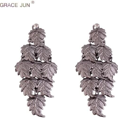 GRACE JUN Handmade Vintage Big Leaf Shape Clip on Earrings for Women Luxury Fashion Statement Earrings Needn't Ear Hole Earrings
