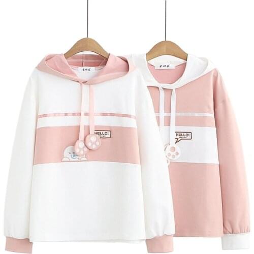 Spring Women Harajuku Hoodie Sweatshirt Sweet Color Matching Hooded Cat Paw Drawstring Rabbit Embroidery Cotton Pullover 2112644