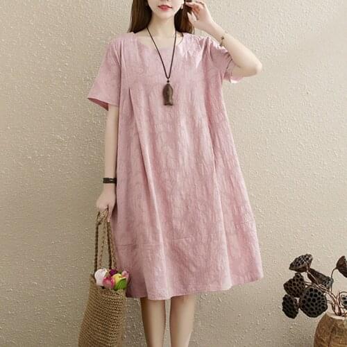 Vintage Dress 2021 New Arrival Short Sleeve Loose Summer Dress Cotton Linen Jacquard Women Travel Casual Midi Dress Robes