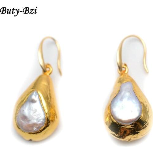 Gold Color Natural Pearl Drop Beads Dangle Earrings Metal Hooks Party Jewelry Gift