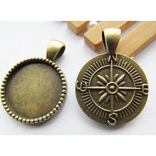 100pcs Heavy Antique Bronze/Anque Silver tone Vintage Compass Base Setting Pendant Charm/Finding,20mm Cabochon/Cameo Tray Bezel
