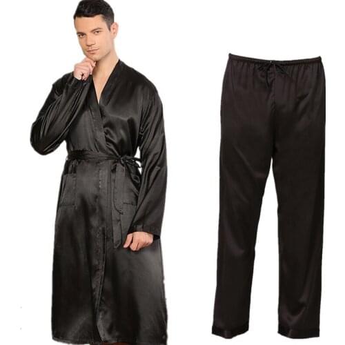 2 Pajama Sets Or 1-piece Bathrobe Mens Solid Color Kimono Robe Sets Thin Cardigan pijama Loose Large Size Long Sleeve Silk Robe
