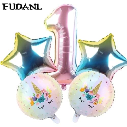 5pcs Rainbow Color Unicorn Set Number Foil Balloons 1 2 3 4 5 Years Old kids Birthday Party Baby Shower Decorations