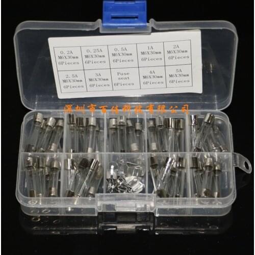 54Pcs 9 kinds specifications × 6Pcs Boxed 0.2A~5A 6x30mm glass fuse fuse with fuse holder fuse tube