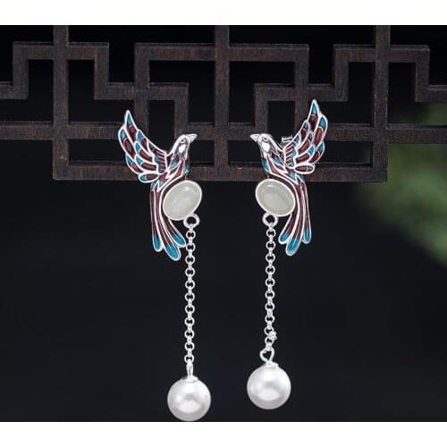 925 Silver Personality Bird Earrings Girls Retro National Style Nephrite Shell Pearl Earrings Lovely Animal Jewelry