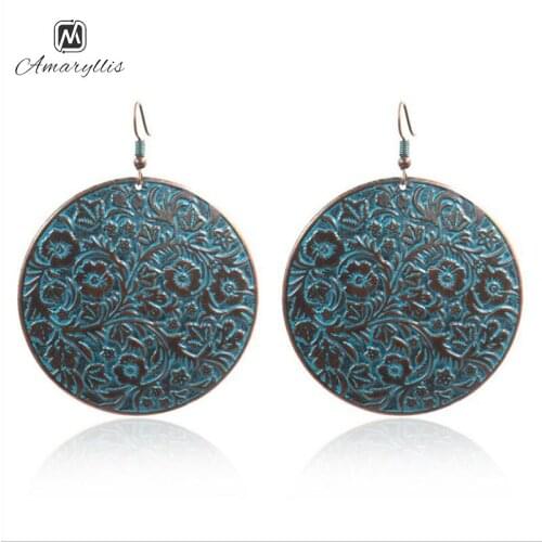 Amaiyllis Vintage Tibetan Round Pendant Dangle Earrings For Women National Elemant Carved Flower Gypsy Statement Drop Earrings