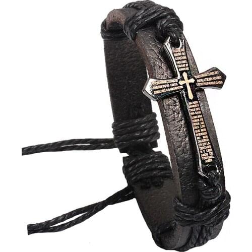 Black Brown Leather Mens Bracelet Cross Bible Scripture Bangles Adjustable Rope Wristband Religious Male Jewelry