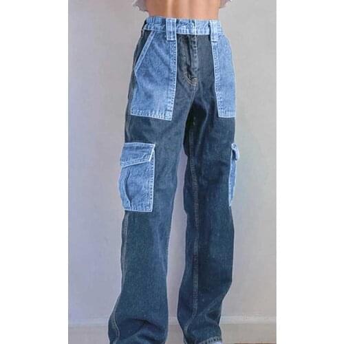 Cargo Pants Women Hip Hop Straight Jeans Pants Female High Waist Wide Leg Patchwork Jeans Streetwear Big Pocket Denim Trouser