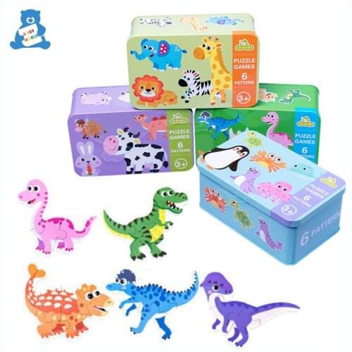 Wooden 3D Puzzle Toys For Children Cartoon Animal Vehicle Tin Box Wood Jigsaw Baby Educational Toy Kids Birthday Christmas Gifts