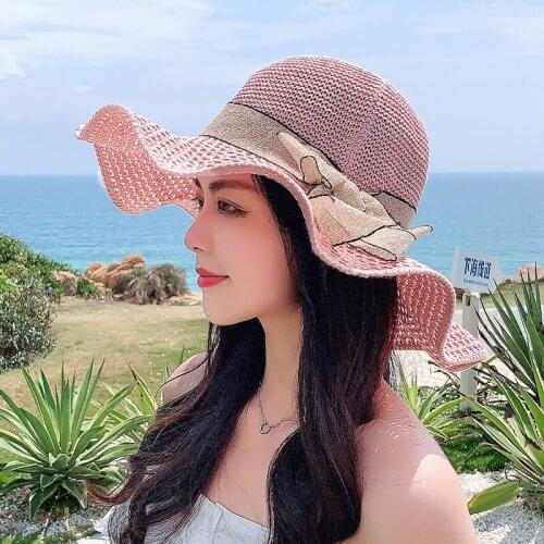 HT3605 Women Hat Spring Summer Sun Hats for Women Wave Brim Wide Brim Hat Lady Packable Bow Knitted Cap Female Bucket Beach Hat
