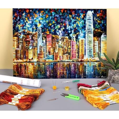 Oil Painting Style Hong Kong Pre-Printed 11CT Cross-Stitch DIY Embroidery Kit DMC Threads Painting Knitting Handicraft Gift