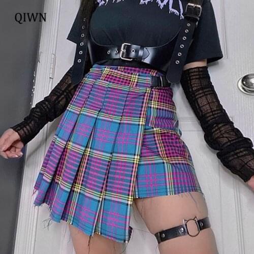 Y2K Punk Plaid Pleated Mini Skirt Goth Harajuku Sexy A Line High Waist Skirts Streetwear Gothic Belt Patchwork Skirts