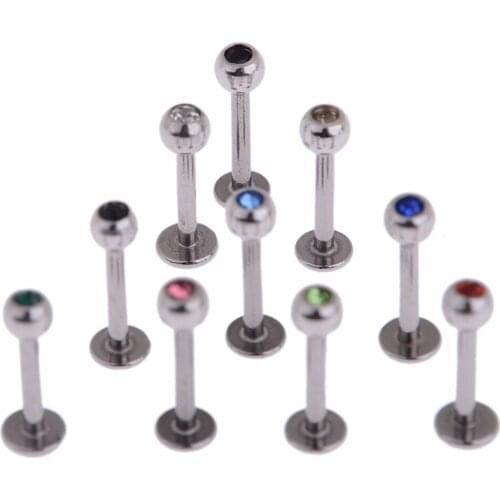 10pcs Mixed Color Rhinestone Crystal Stainless Steel Ball Eyebrow Nose Labret Lip Tongue Ring Body Piercing Jewelry Wholesale