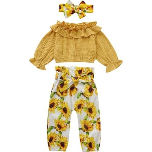 Summer 3 Pieces Children Toddler Kids Clothes Set Ruffle Baby Girls Long Sleeve T Shirt+Flowers Pants Outfit Clothing Set
