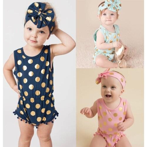 Lovely Newborn Toddler Infant Baby Girl Summer Sleeveless Polka Dot Print Jumpsuit Romper+Head Band Baby Girls Clothes Sunsuit
