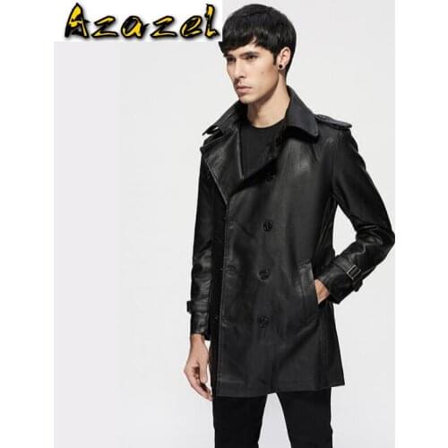 2020 spring and autumn new Men thin belt lapel leather windbreaker male long section Korean jackets Mens slim trend Trench coat
