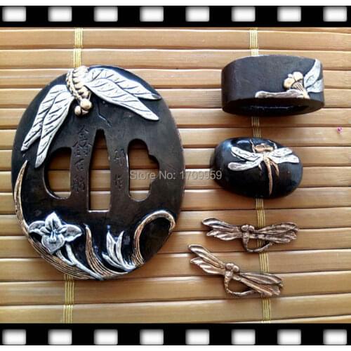 Set Nice Copper Tsuba Dragonfly Theme Guard For Japanese Samurai Sword Katana Tsuba/Kashira/Fuchi Menuki DIY Accessory