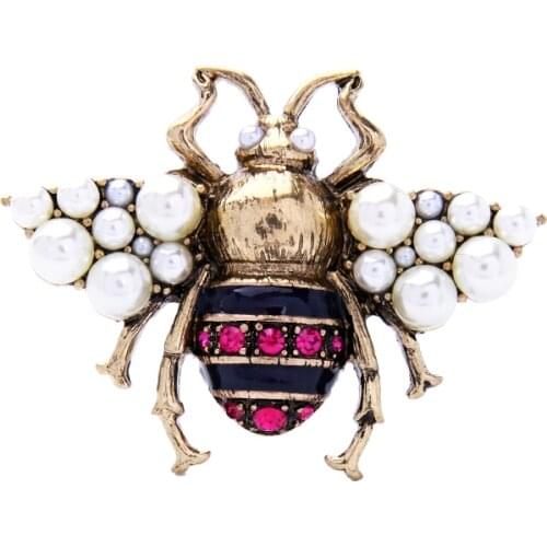 Bulk Price Charm Noble Pink Enamel Insects Acrylic Pearl Crystal Brooch Retro Beautiful Brooches For Women Jewelry