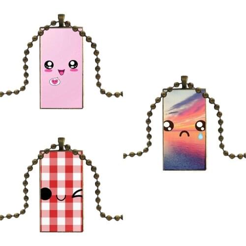 Glass Cabochon Pendant Necklace Rectangle Fashion Necklace For Schoolgirl Maxi Adorable Face Facial Expression
