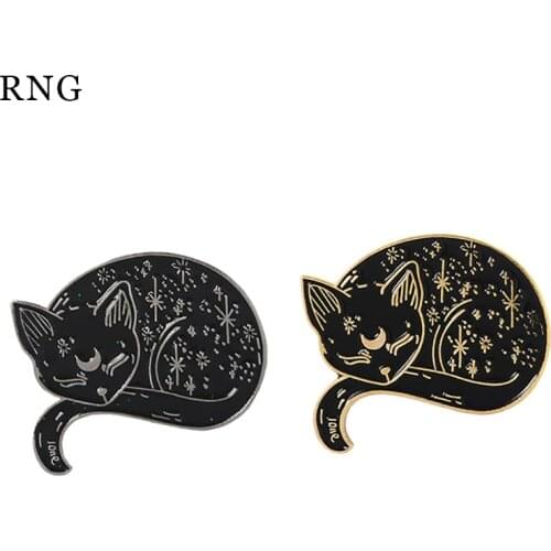RNG Cartoon Metal Enamel Cat Cute Mime Gold silvery Star Moon Engraved Spotted Animal Badge Brooch Jewelry Gift