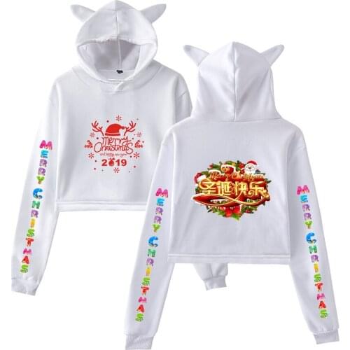 Christmas Hoodies Cat Ears Cute Short Hoodies Sexy Crop Tops Casual Fashion Autumn Women Hoodie Merry Christmas Girl Sweatshirts