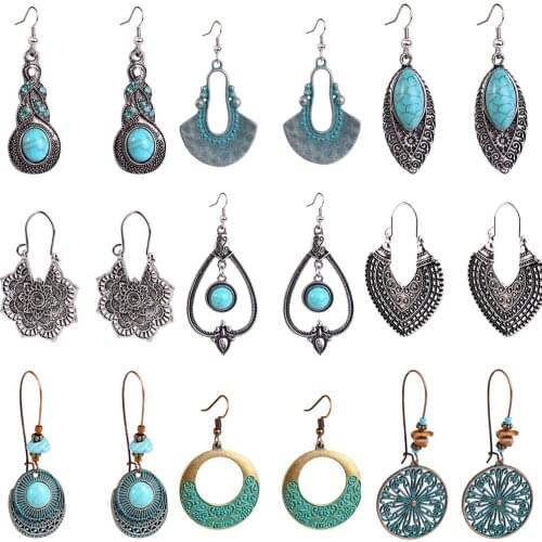 New Style Fashion Retro Bohemian Style Turquoise Exaggerated Pendant Womens Earrings Ethnic Delicate Patterns Jewelry Gifts