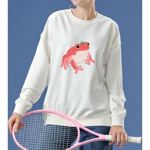 Strawberry Frog Print Sweatshirts Oversized Harajuku Cotton Crewneck Kawaii Hoodie Best Friend Sweatshirt Casual Loose Thin Tops