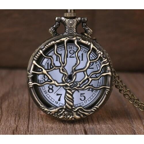 Vintage Bronze Tree of Life Pocket Watch Tree Hollow Quartz Watch Men Women Pendant Necklace Gifts Watches