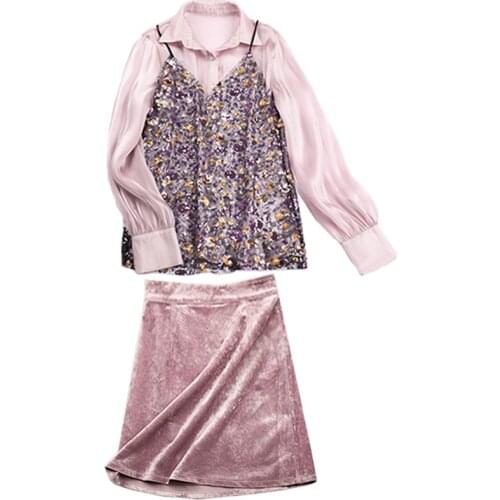 PERHAPS U Purple Green Set Turn Down Collar Button Long Shirt Sequined Sling Velvet Mini Skirt Three Pieces T0171