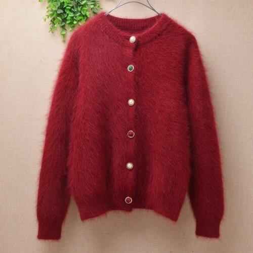Ladies women fashion red hairy mink cashmere knitted long sleeves loose cardigans angora fur autumn winter jacket coat sweater