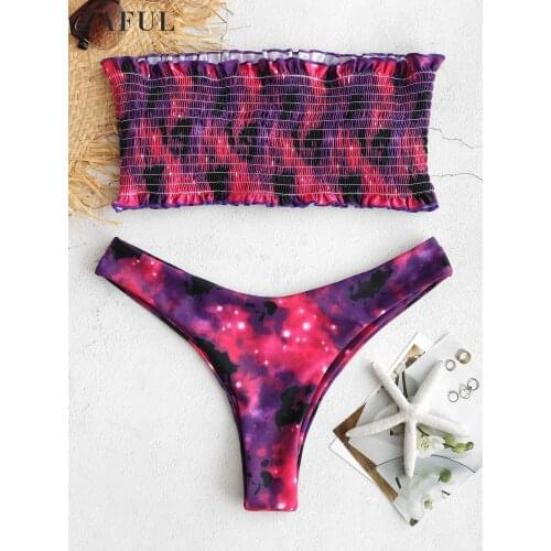 ZAFUL Shirred Galaxy Print Bikini Set Women Sexy Strapless Bandeau Biquini Swimwear Female Brazilian Beach Swimsuit Bathing Suit