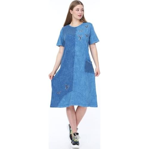 Diaves Women Plus Size Summer Fashion Self-Effect-Flushing Birds Figured Cotton Dress Turkish Quality