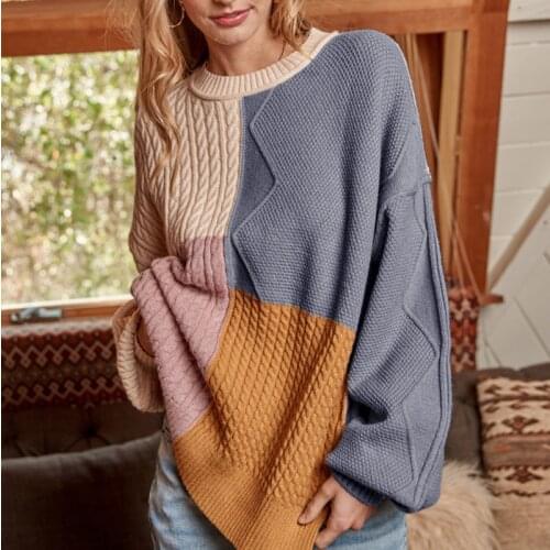 2021 Oversized Thick Sweater Women Patchwork Knitting Color-block Cashmere Sweaters Female Lantern Sleeve Casual Loose Pullovers