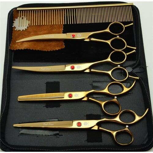 5Pcs Set 7" 19.5cm Golden Professional Hair Hairdressing Scissors Comb+ Cutting Shears + Thinning +UP/Down Curved Shears