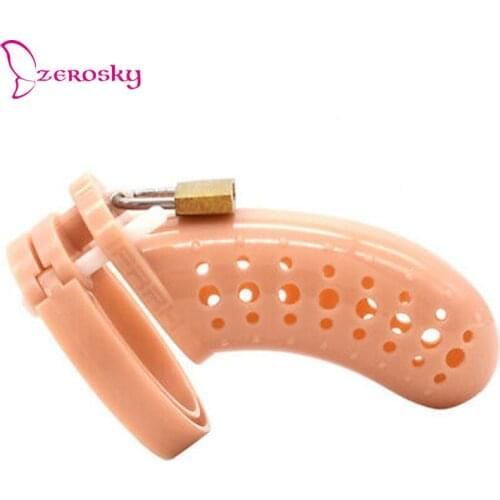 BDSM Plastic Male Chastity Penis Cage Fetish Cock Cage Restraint Bondage SM Ring Cock Cage with Brass 5 Ring Erotic SM Game