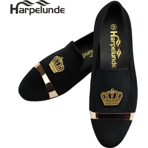 Harpelunde Men Dress Wedding Shoes Bullion Black Velvet Loafers With Gold Plate