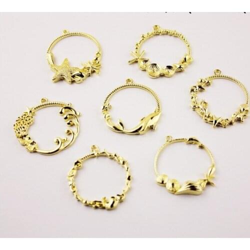 10 pcs/lot Starfish Shell coral dolphin ring Metal Frame Pendant Gold Charm Bezel Setting Cabochon Setting UV Resin Charm