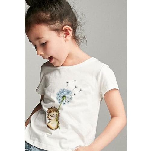 Summer Boys T Shirts Hedgehog Dandelion Cartoon Play Printing Girls Tops Casual Kids T Shirt Short Sleeve New White Girl Clothes