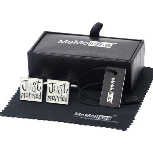 MeMolissa Display Box Romantic Men Wedding Cufflinks Just Married Text Design White Enamel with Black Text Free Tag & Wipe Cloth