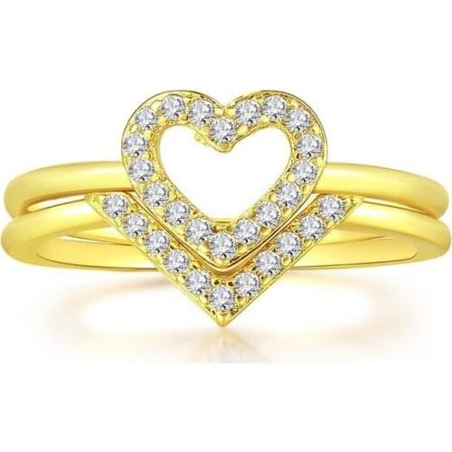 MxGxFam ( 2pcs/set ) Love Heart Rings For Women 14 k Light Gold color Jewelry Fashion AAA+ Cubic Zircon
