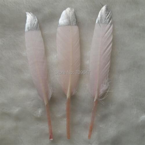 Silver dipped natural pink feathers - metallic silver hand painted duck feathers, loose pink Silver / 9-14cm long,100pcs/lot