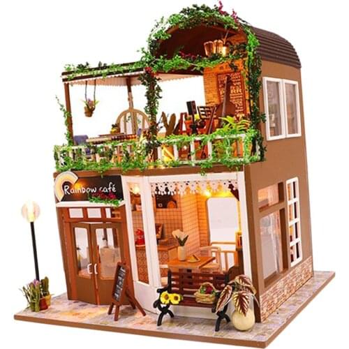 Unfinished Kids 1:24 Wood Dollhouse Kit The Rainbow Coffee Model Handcrafts