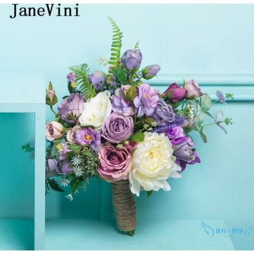JaneVini New Western Purple Rose Bridal Wedding Bouquets Artificial Silk Flowers Bride Brooch Wedding Accessories Buque De Noiva