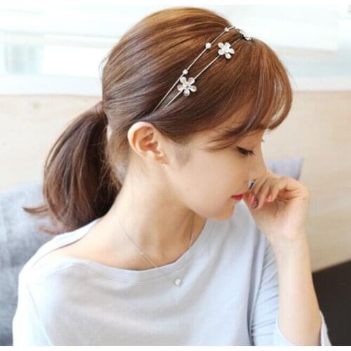 Korean Simple Sweet Crystal Headband For Women Pearl Double Hairband Flower Inlaid Rhinestone Hair Bands Hair Accessories