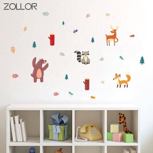 Zollor PVC Lovely Fox Bear Leaves Wall Sticker DIY Forest Animal Household Decorative Sticker for Door Furniture Window Tile